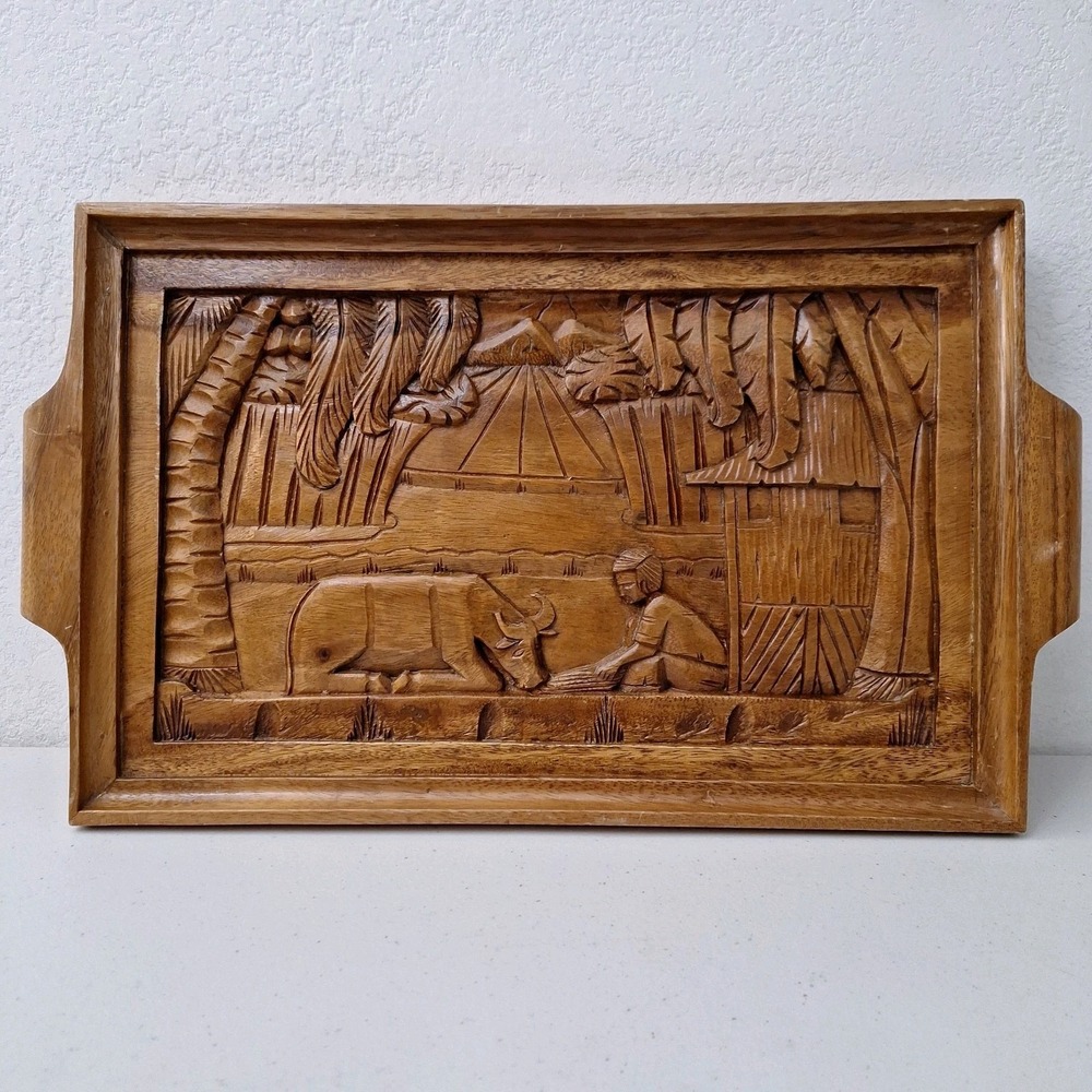 Vtg MCM Polynesian Tiki HANDCARVED WOOD Story Board, Serving Tray or Wall Art